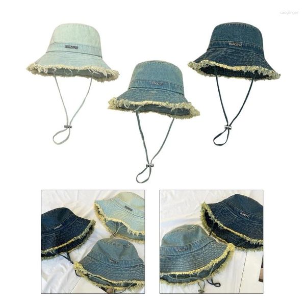 Berretti unisex design sfilacciato cappello a secchio di pesca pieghevole estate primavera con regolare la corda del mento anti-uv per la famiglia di amici