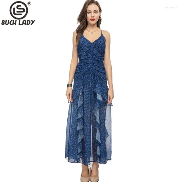 Vestidos casuais pista feminina Sexy Spaghetti tiras de leopardo imprimido corpete ruched ruffles high street moda férias de verão vestidos