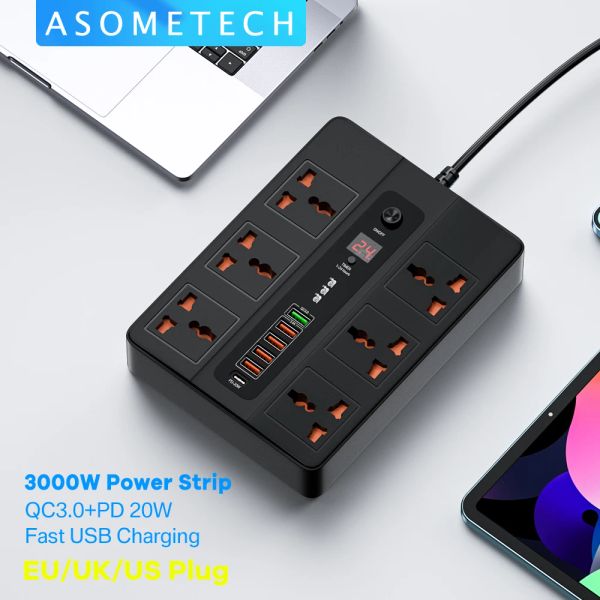 Radyo 3000W 6 6 USB Tip C PD 20W Şarj Portları ile Çıkış Soketi Evrensel Çıkışlar 2 Metre Uzatma Soket Güç Şeridi EU EV