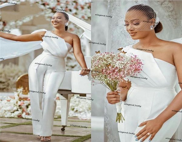 Abiti da sposa delle tute bianche africane 2021 Oneshoulder Satin Satin Bride Reception turisti da donna per pantaloni per pantaloni Vestitido de Noiva9836014