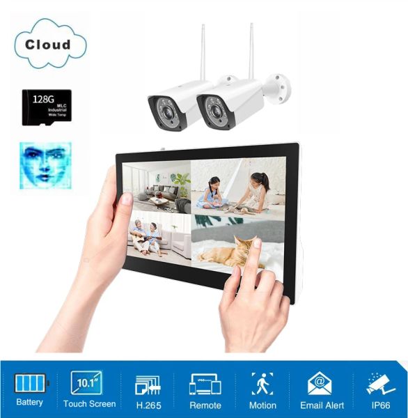 Sistema Hesee 10.1inch Touch Screen Monitor Sistema sem fio Bateria NVR Segurança Kit IP Kit Face Reconhecimento Sistema de vigilância Wi -Fi