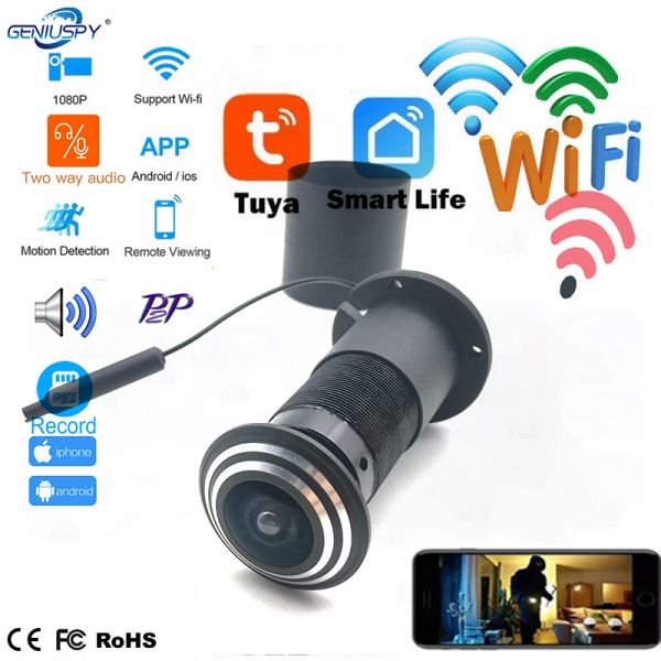 Камеры 1080p Mini Peephole Wi -Fi Door Hole Camera Камера беспроводной IP P2P на обнаружение движения VIF Двухсторонние Audio Tuya App Camera TF Card Slot