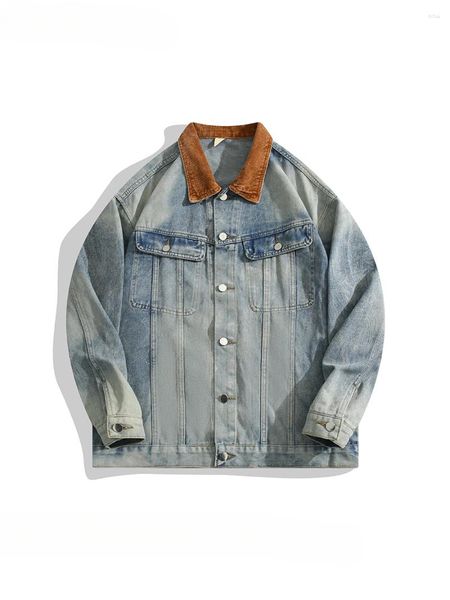 Herrenjacken Hong Kong Style Retro Spleced Revers -Gradientenkontrast Denim Trendy Brand Street Street Hip Hop Freizeit vielseitige Mäntel