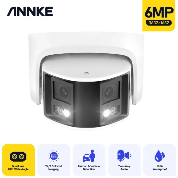 Kameras Annke 180 ° Panorama -Überwachungskamera 265+ 6 MP Dual Objektiv 2,8 mm IP -Kamera POE CCTV Videoüberwachung Outdoor -Audiowarnung Alarm