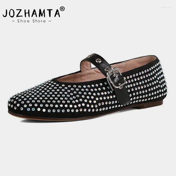 Scarpe casual Jozhamta taglia 34-43 Donne cristalli piatti veri cinturini in pelle con fibbia bassa tacchi bassi pompe da ballo da ballo abito da festa di lusso