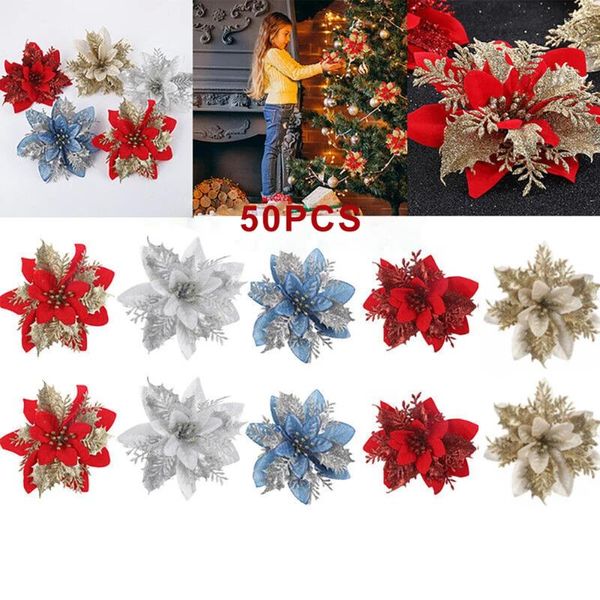 Flores decorativas 50pcs de Natal Glitter Artificial Flow