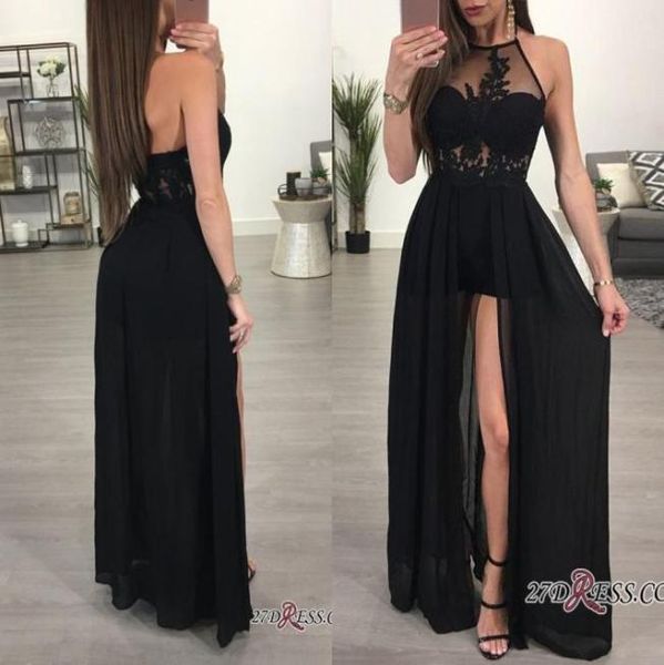 Seksi Uzun Siyah Balo Elbiseleri 2018 Halter önden bölünmüş akşam parti elbisesi dantel aplike şifon zemin uzunluğu bir çizgi vest4722991