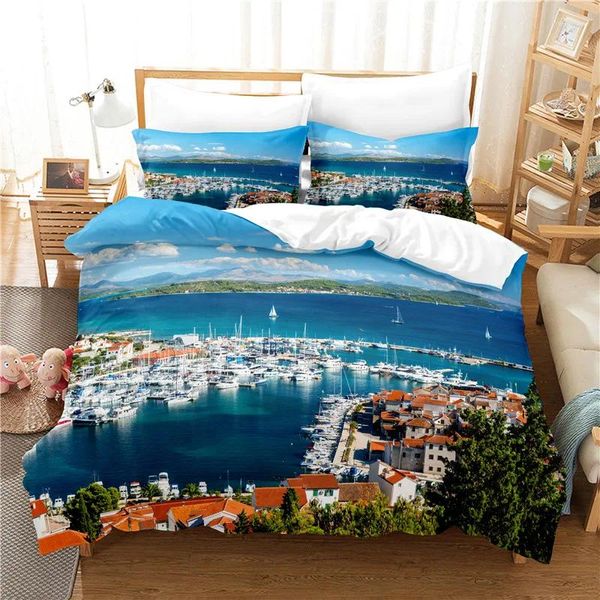 Bettwäsche Sets Seaside Village Set für Schlafzimmer weiche Betthautbett Heimat Come Pastable Duvet Cover Qualität Quilt und Kissenbezug