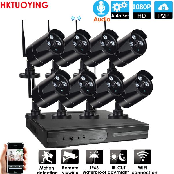 Plugue e reprodução do sistema 8CH Audio 1080p HD Kit NVR sem fio P2Pindoor Outdoor Night Vision Security 2.0MP IP Câmera WiFi CCTV System