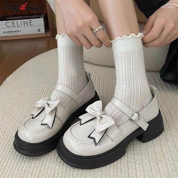 Kleiderschuhe Bögen Lolita Mary Jane Square Zehen Frauen Pumpen Mode Mädchen flache Schnalle Janes Damen elegant dicker Sohle Schuh