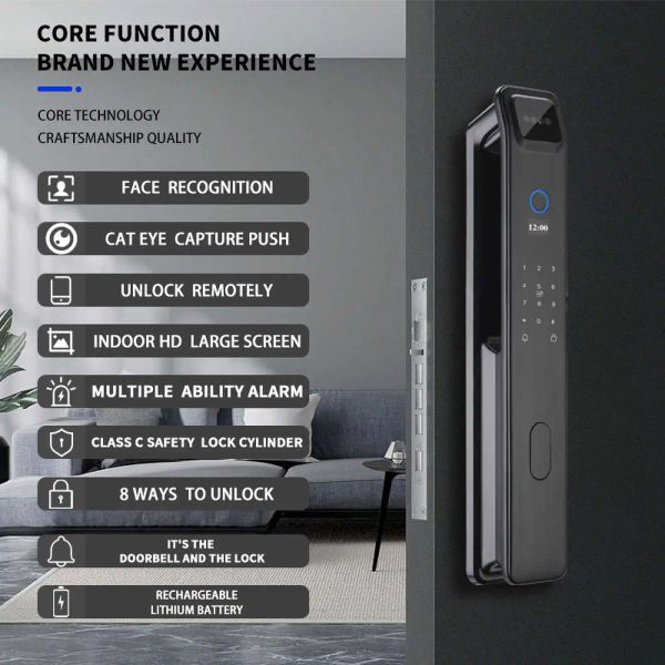 Lock 3D Reconhecimento de face Porta inteligente Câmera de segurança Câmera Wi -Fi Tuya Controle remoto Voz Voice Real Intercom Digital Electronic