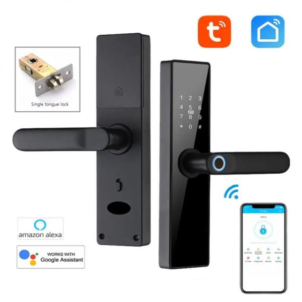 Bloquear Tuya WiFi Lock de porta eletrônica com impressão digital biométrica/Card Smart/Senha/Chave Desbloqueia funciona com Alexa Google Home Assistant