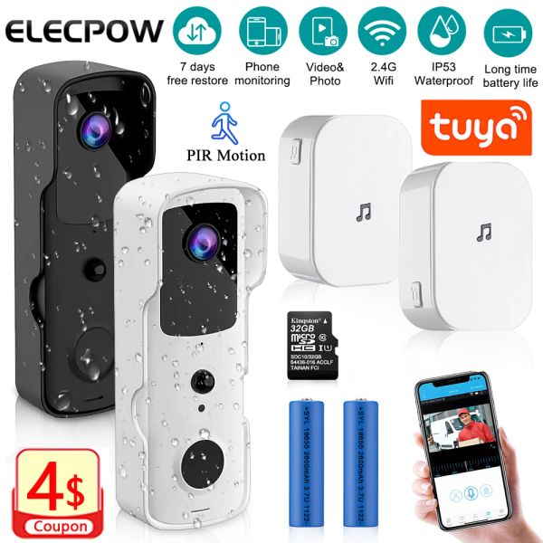 Campainha elecpow nova casa inteligente home tuya video campainha externa à prova d'água sino de porta sem fio 155 ° View pir notur vision camera de segurança