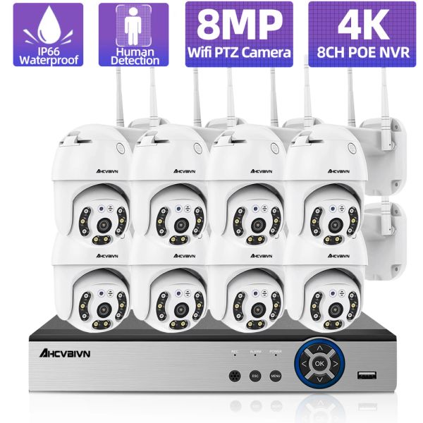 System 8Ch 8MP CCTV -Überwachungskameras System Home Video Überwachung Kit WiFi PTZ Outdoor IP -Kamera Humanoide Erkennung 4K POE NVR SET