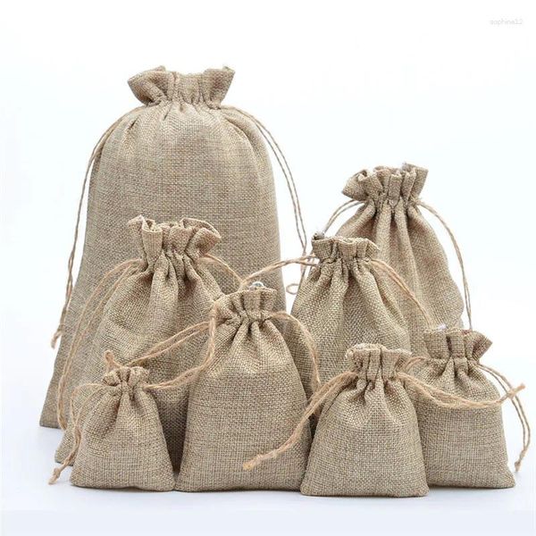 Geschenkverpackung 5pcs Vintage Retro Draw String Jute Surlleinen Taschen Weihnachten Halloween Hochzeits Geburtstagsfeiern Festival Lieferungen Süßigkeiten