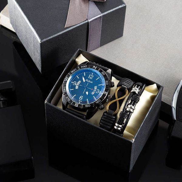 55 Heißverkaufsgeschäfts- und Freizeitquarz-Armband-Watch-3-teiliger Set, Geschenkbox, Lederarmband, Herrenkalender Uhr 76