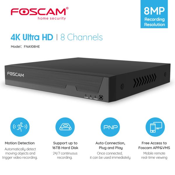 Registratore FOSCAM 4K 8 canale 8 MP Registratore di rete per il sistema di telecamere di sicurezza funziona solo con fotocamere IP FOSCAM 4K/5MP/4MP HD POE NVR