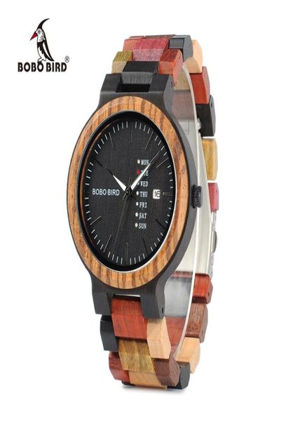 BOBO Bird P14 Antique Mens Wood Watches Datum und Woche Display Business Watch mit einzigartiger gemischter Farbe Holz Band8856597