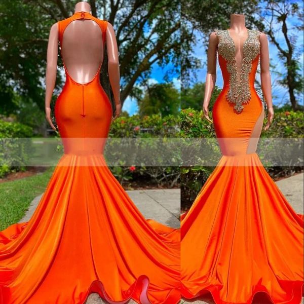 Kleider 2023 Arabische Promise Kleider Perlen Kristalle Strauch Orange Deep v Hals Abendkleid Meerjungfrau formelle Partykleider offener Rückenhülle
