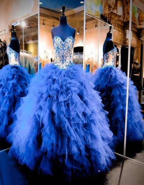 2017 Royal Blue Quinceanera Kleider Schatz Ballkleid Prom Kleider mit Perlenkristall für süße sechzehn lange formelle Kleider9238931