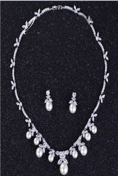 Brandneue 2019 Hochwertige exquisite Perlen -Strass -Platin -Schmuck -Halsketten -Ohrring -Set für Hochzeitsbrhdenab Abend 5692341
