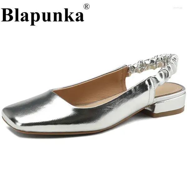 Sapatos casuais blapunka real genuíno couro slingback plana elástica plissada de alça quadrada feminina sandálias prateadas com conforto calçados