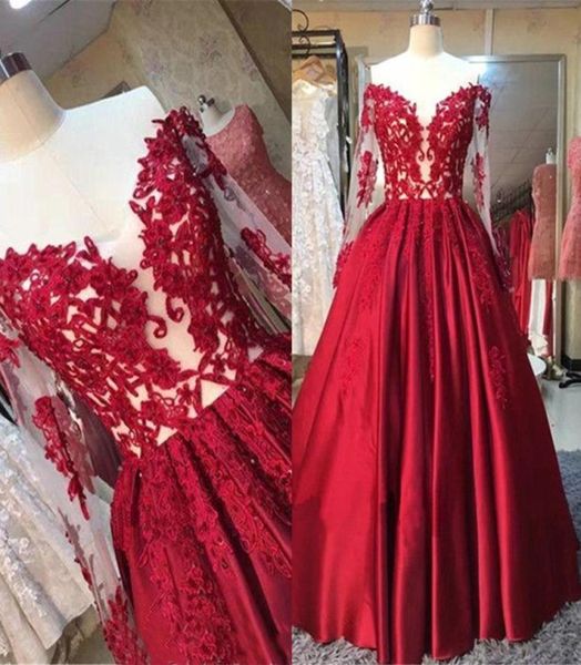 Apliques de renda Ofto -loulderfy Red Mangas compridas vestidos de baile de formatura ver através de vestido de noite fosco vestidos largos de Fiest8233512