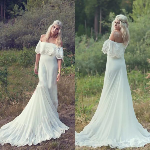 Kleider Vestidos de Novia Hippie vor dem Schulter Country Bohemian Hochzeitskleid Eine Linie Strand Boho Brautkleider mit Hofzug billig Hig