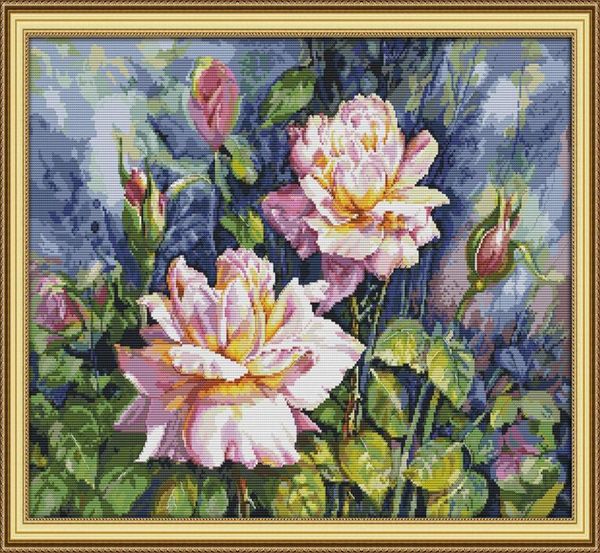 Paesaggi di rosa dei fiori di rosa vintage dipinti per la casa dipinti fatti a mano set di ricamo da ricamo a mano con la stampa conta su tela dmc 148563831