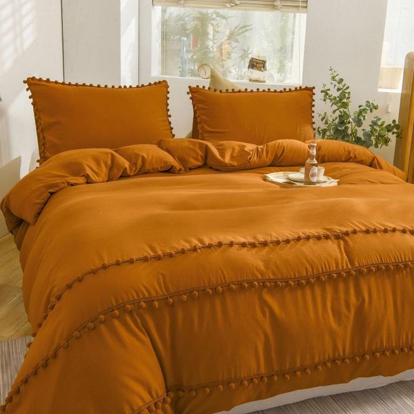 Set di biancheria da letto arancione bruciata copripiumini set di pompa pom pom poms pattern gingia di ruggine chic boho caramel drownshiper