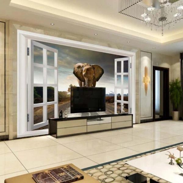 Обои 3D Window Слон Слон PO обои роспись для гостиной телевизор Фоны Стены Декор S 3 D Водонепроницаемое животное