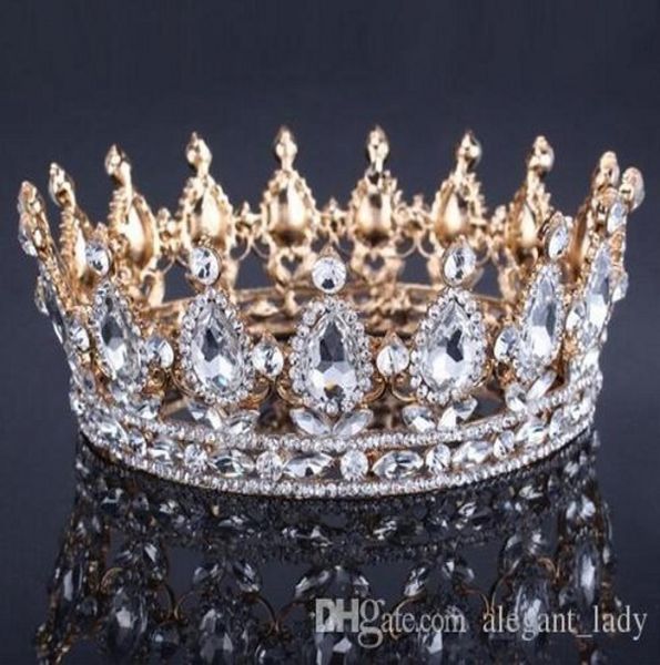 Copricapo d'oro vintage in lega di matrimonio in lega nuziale tiara barocca regina re corona corona color ghinestone tiara e corona a buon mercato7797152