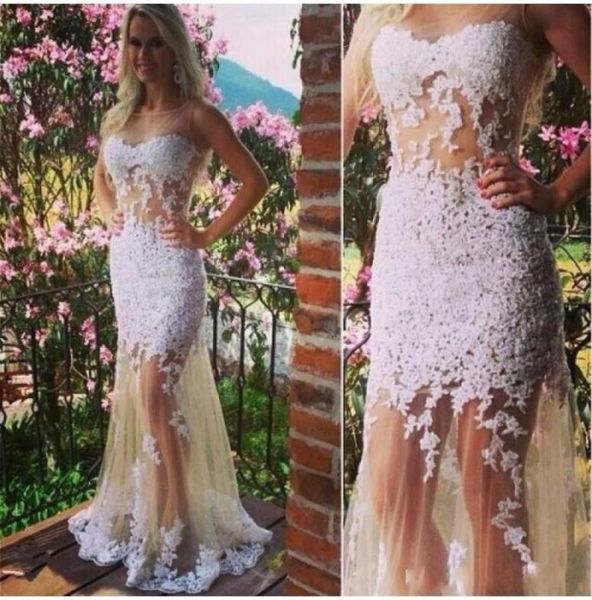 Abito da sposa sexy sirena senza maniche gioiello pavimento lunghezza applique in pizzo vedi attraverso abiti da sposa formale di tulle11175364