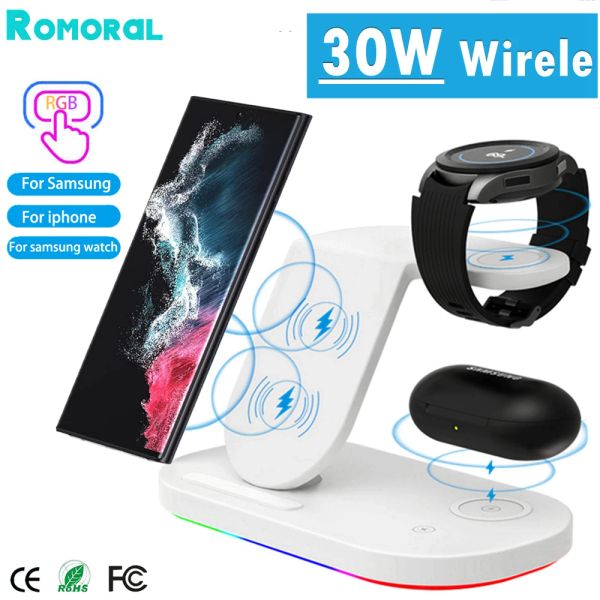 KITS 30W Wireless Caricatore Stand RBG Luminoso Dock di ricarica per Samsung Galaxy S22 Ultra/S21/S20 orologio 3 4 gemme di ricarica veloce