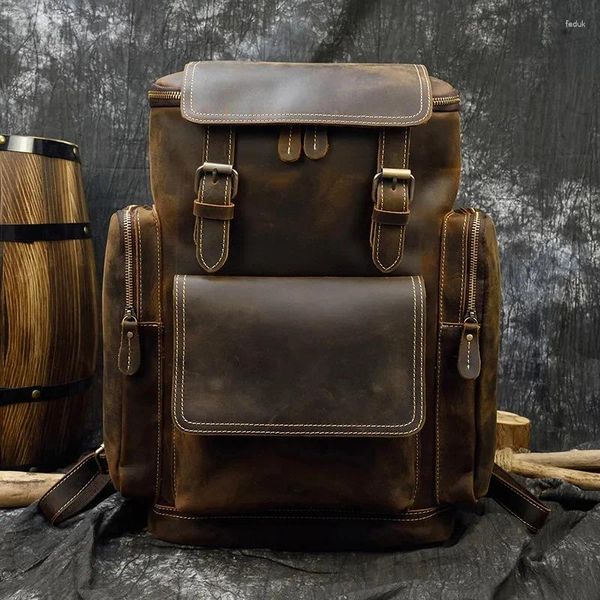 Brieftaschen große verrückte Pferdeleder -Männer Rucksack weiche Kuhhaut Vintage Herren echte Reise Wochenendbeutel Outdoor große Größe