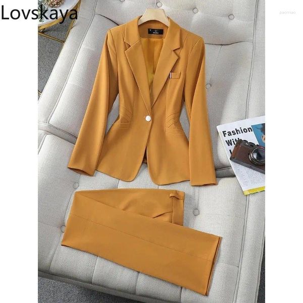 Kadınlar İki Parçalı Pantolon Kadın İş İş Giyim Formal Blazer Ceket ve Pantolon 2 Sarı Siyah Kırmızı Ofis Bayanlar Pantolon Takım Set Kadınlar