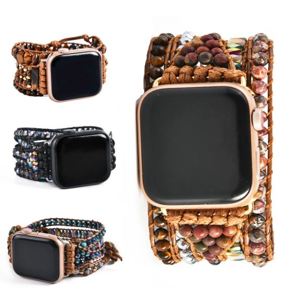 Armbänder ethnische Naturstein Tiger Augen Apfelwache Band Beads Boho 5 Wrap Smartwatch -Armband für IWatch Series 17 Accessoires