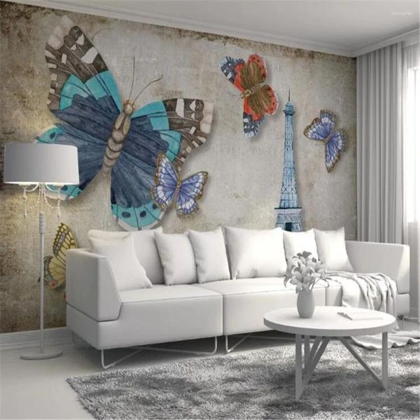 Обои Milofi Modern Ностальгическая ретро -бабочка парижская башня фоновая картина стен