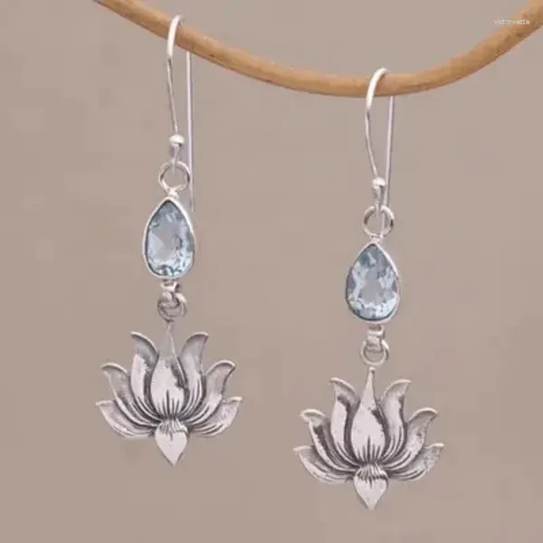 Dangle Ohrringe 1Pair Retro Silber Farbe Lotus Anhänger Wassertropfen Blauer Stein baumelt für Frauen Schmucktägliche Party -Dekoration