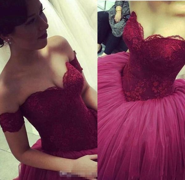 Fora do ombro, vestido de baile de renda no ombro Princesa 16 meninas doces novas e vermelhas escuras vestidos de baile de festas bail