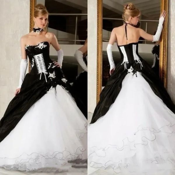 Vestidos Vestidos de noiva de vestido de bola preto e branco vitorianos 2022 Sexy Backless Corset vestidos de noiva gótico vestido de noiva gótico plus size