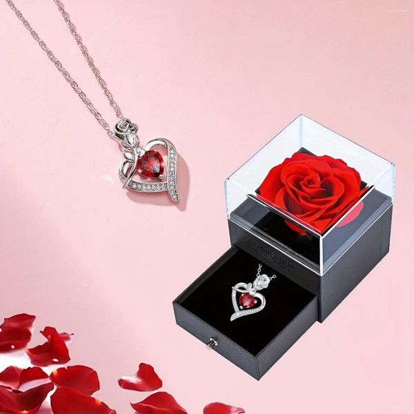 Collane a ciondolo collana di lusso zircone rosso zircone con scatola regalo di rose per compleanno di compleanno San Valentino 2024 Accessori romantici