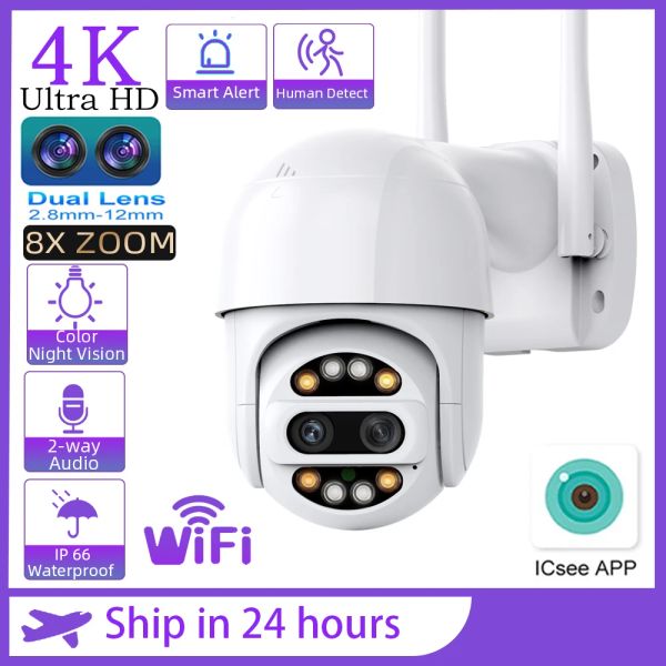 Камеры с двойной линзой 8x Zoom 4K 8MP PTZ IP Wi -Fi Camera 2,8 мм 12 мм AI Human Tracking Outdoor Video Surveillance Home Security Ccctv Camera