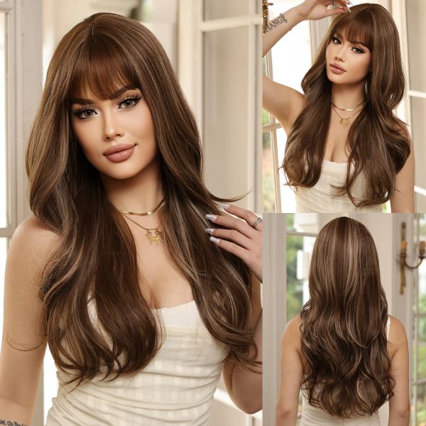 Парики коричневые блондинки синтетические парики Emmor Natural Long Wavy Wig с ударами ежедневного использования для чернокожих белых женщин.