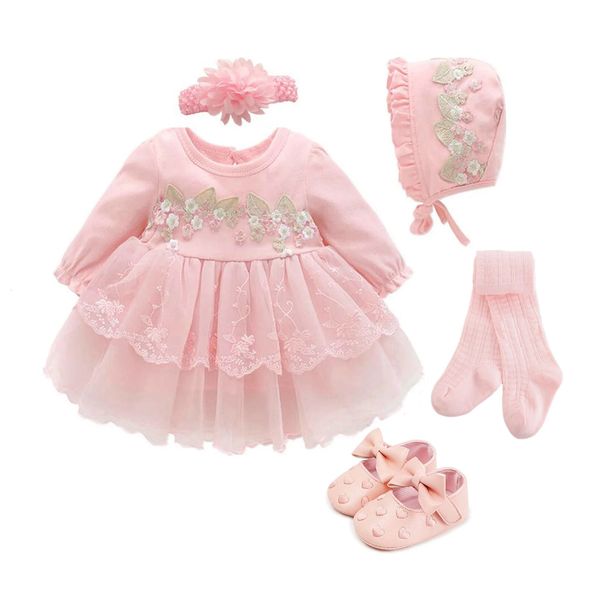 Born Baby Girl Dress Abbigliamento per 03 mesi set da festa abiti da abbigliamento per abbigliamento 01 anni Spattine calzini lunghi battenti 240325