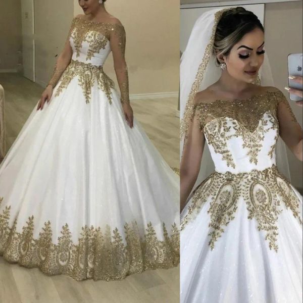 Vestidos 2021 Luxo Bling Dubai Vestido de Ball Ball Vestidos de Ball Vestidos de Noiva Bridal Sleeves Longo Longo Appli Bateau Neck Appli