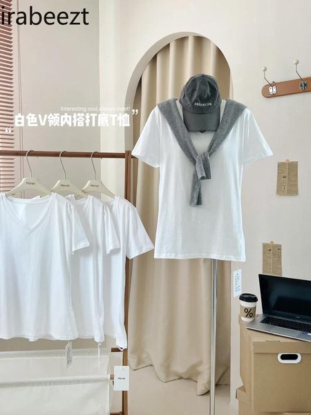 Kadın Tişörtleri Moda Tasarımı Roupas Feminas Estilosas Beyaz V yakalı Kısa kollu Taban T-Shirt High Strecth Woman Giyim