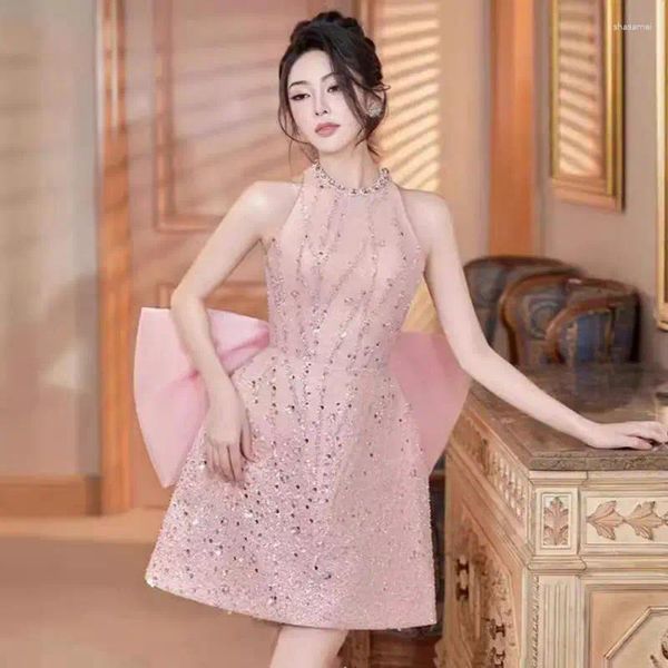 Abiti casual rosa strass rosa scintillatura sparpulla piena leggera abito dolce vestito di compleanno festa serata alla moda mini stile 2024 primavera