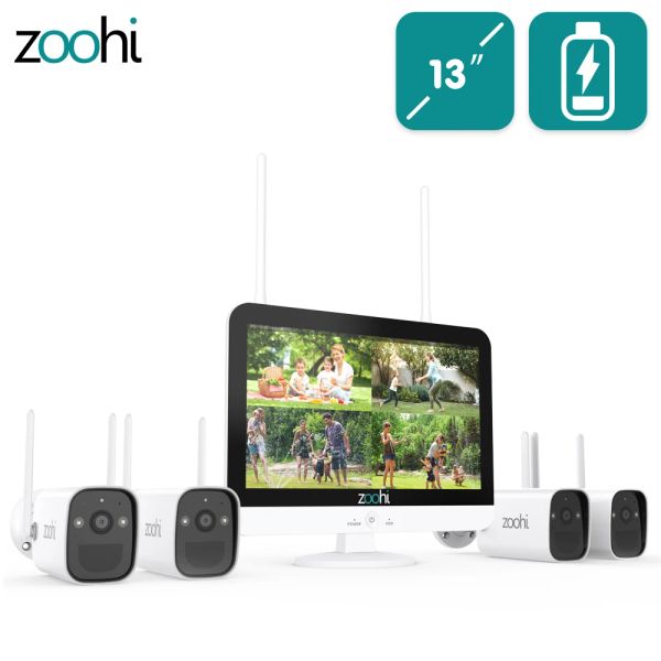 System Zoohi Security Überwachungskamera System 3MP Batterie Kamera PIR Smart Detection Kamera Set 13 Zoll WiFi CCTV NVR Kit Wirellos