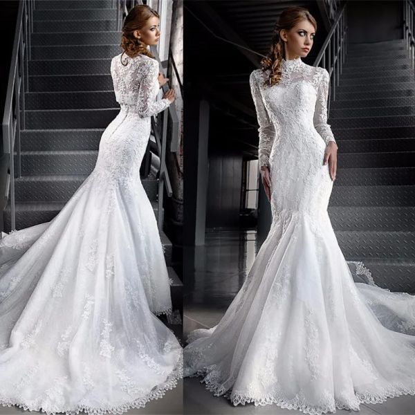 Abiti modesti abiti da sposa in pizzo musulmano illusione a manica lunga in pizzo ad applique abito da sposa sirena abiti da sposa islamici dubai t